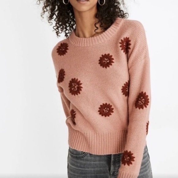 Madewell Sweaters - Madewell Pink and Red Crew Neck Sweater with Pom-Pom Details